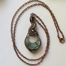 Load image into Gallery viewer, Labradorite Crescent Moon &amp; Antiqued Copper Wrapped Pendant
