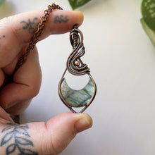 Load image into Gallery viewer, Labradorite Crescent Moon &amp; Antiqued Copper Wrapped Pendant
