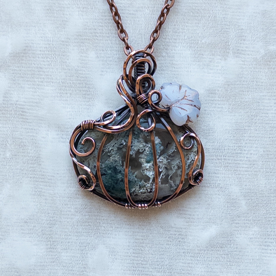 Moss Agate Antiqued Copper Pumpkin Pendant With Czech Glass Leaf