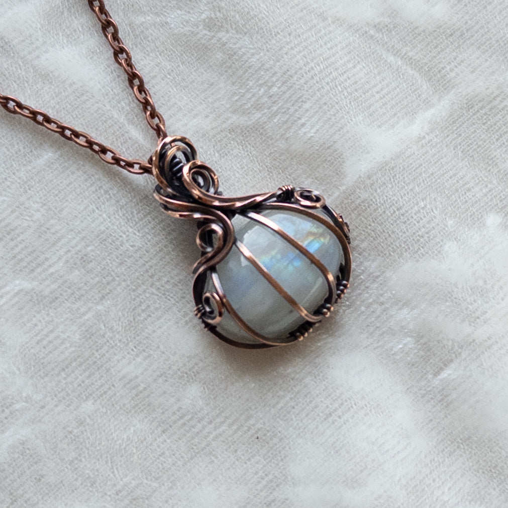 Mini Rainbow Moonstone Antiqued Copper Pumpkin Pendant