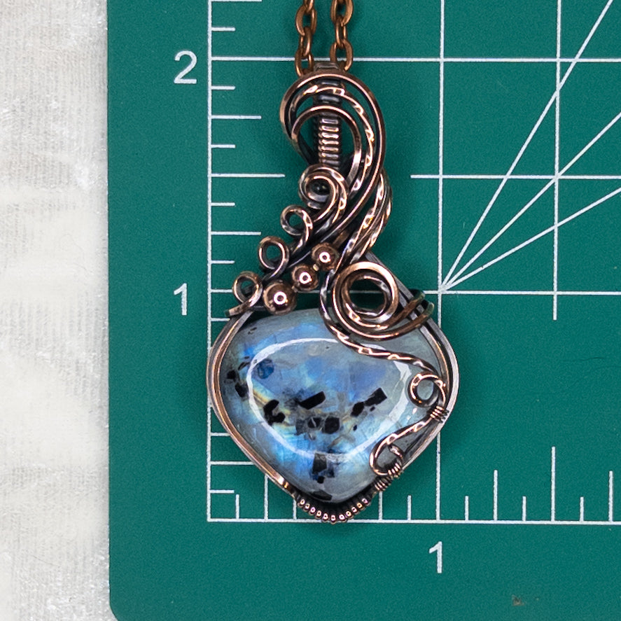 Rainbow Moonstone W/ Black Tourmaline Antiqued Copper Pendant