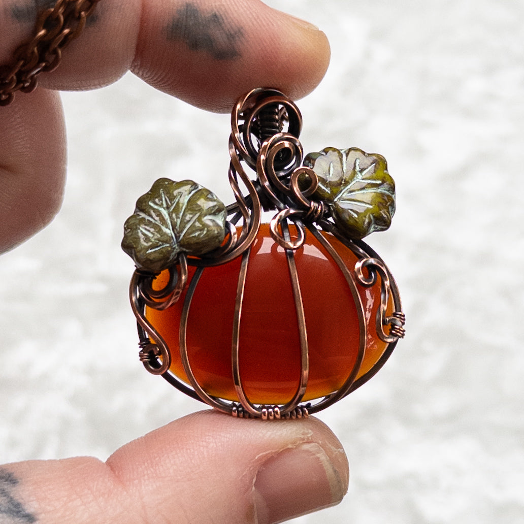 Carnelian Pumpkin Antiqued Copper Pendant With Czech Glass Leaves