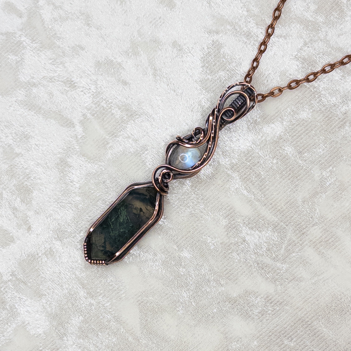 Moss Agate & Moonstone Antiqued Copper Pendant