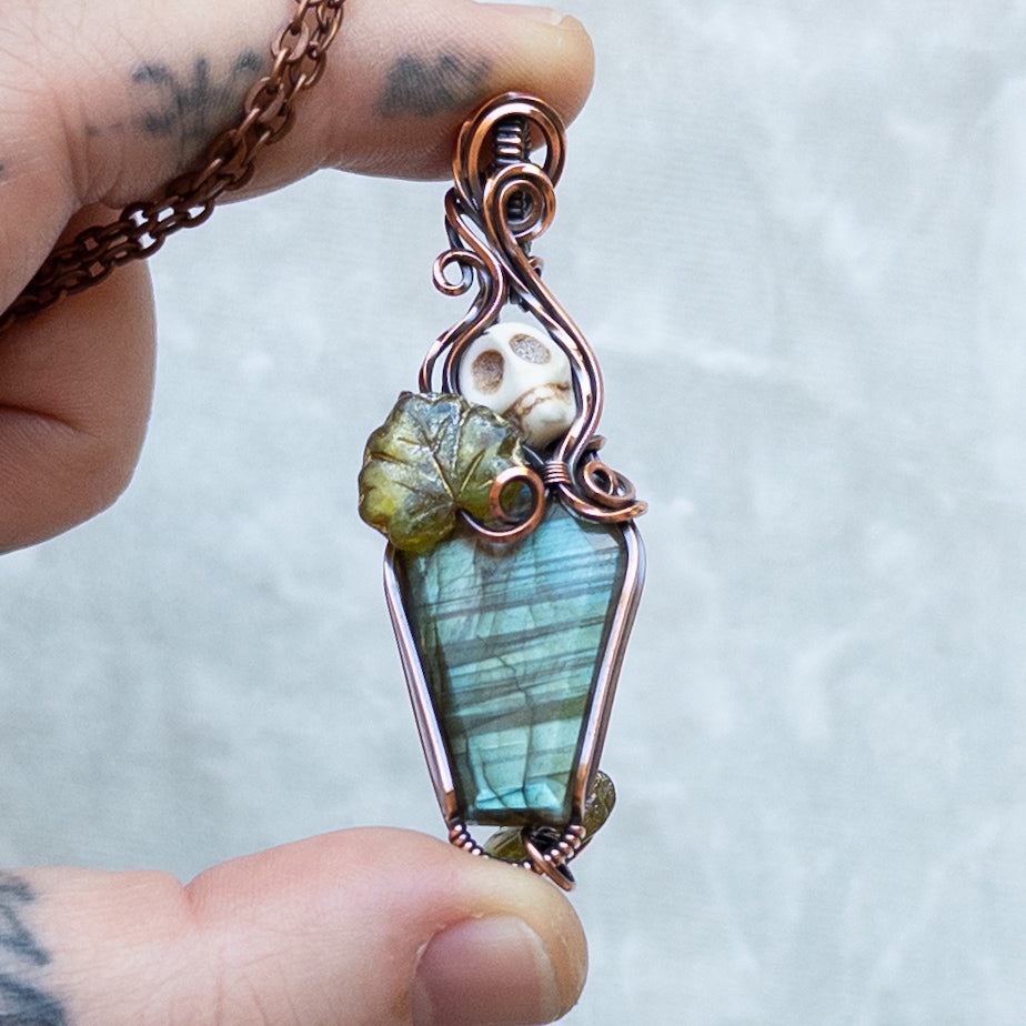 Labradorite Coffin & Skull Antiqued Copper Pendant With Czech Glass Leaves
