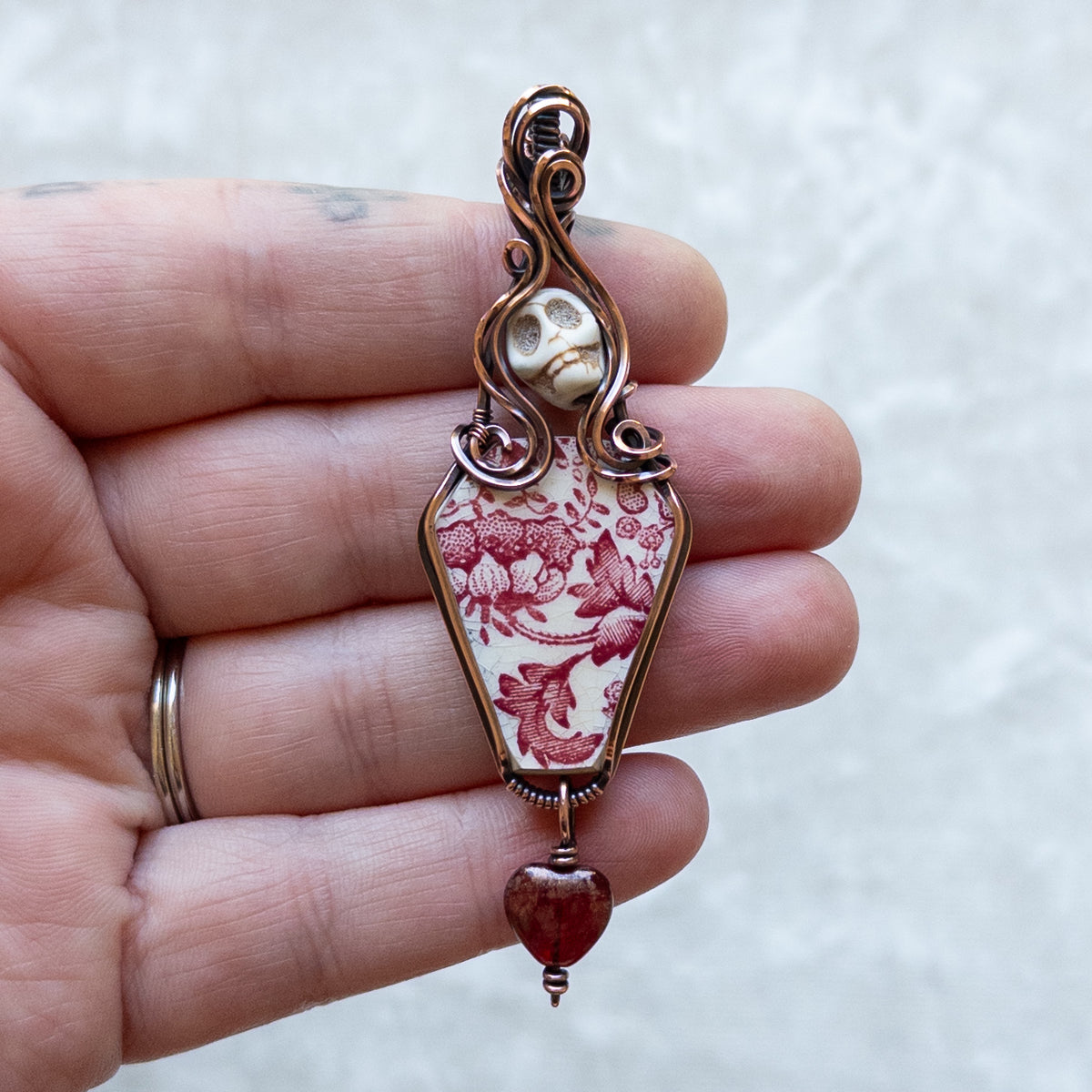 Vintage China Coffin, Skull, & Heart Antiqued Copper Pendant