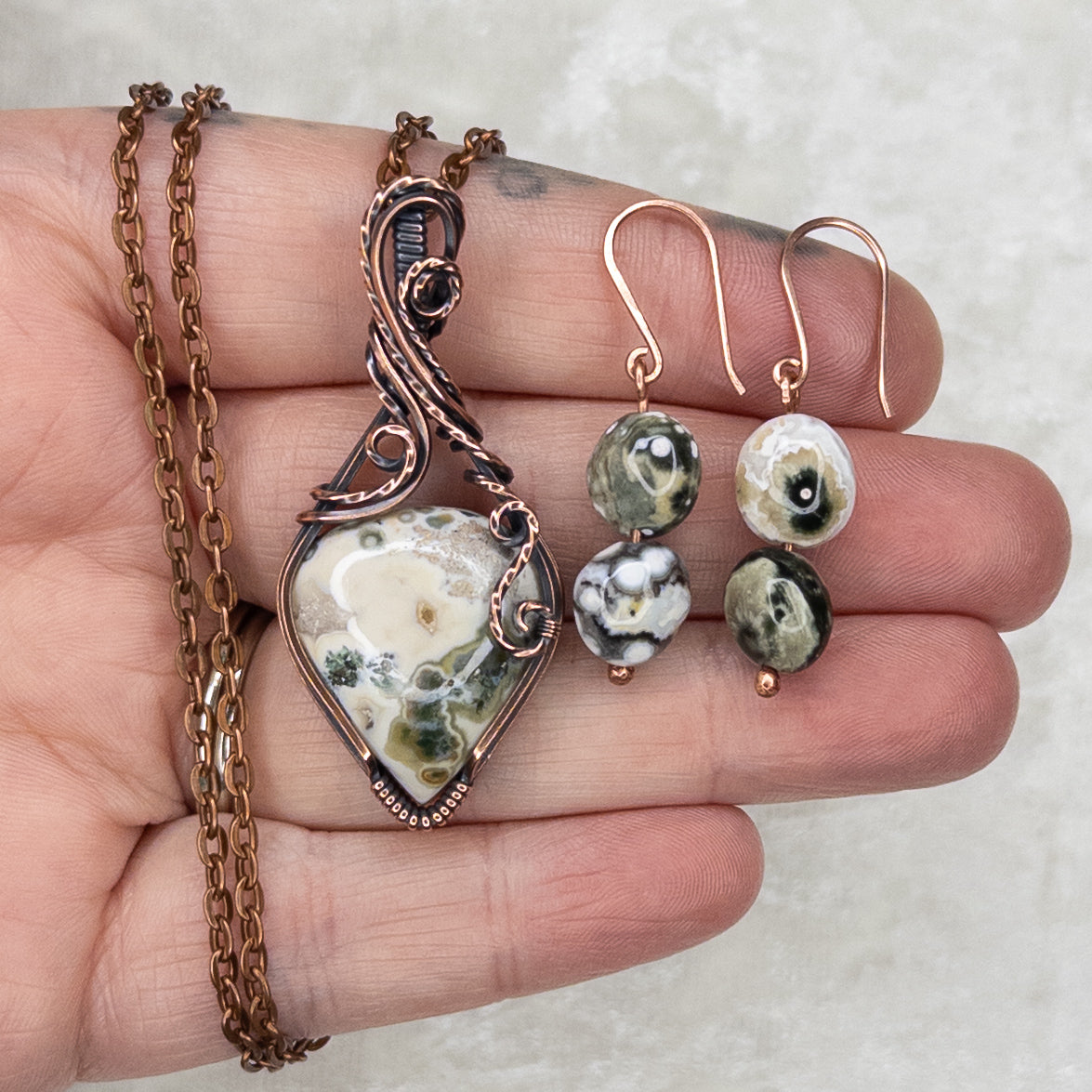 Ocean Jasper Antiqued Copper Pendant & Earring Set