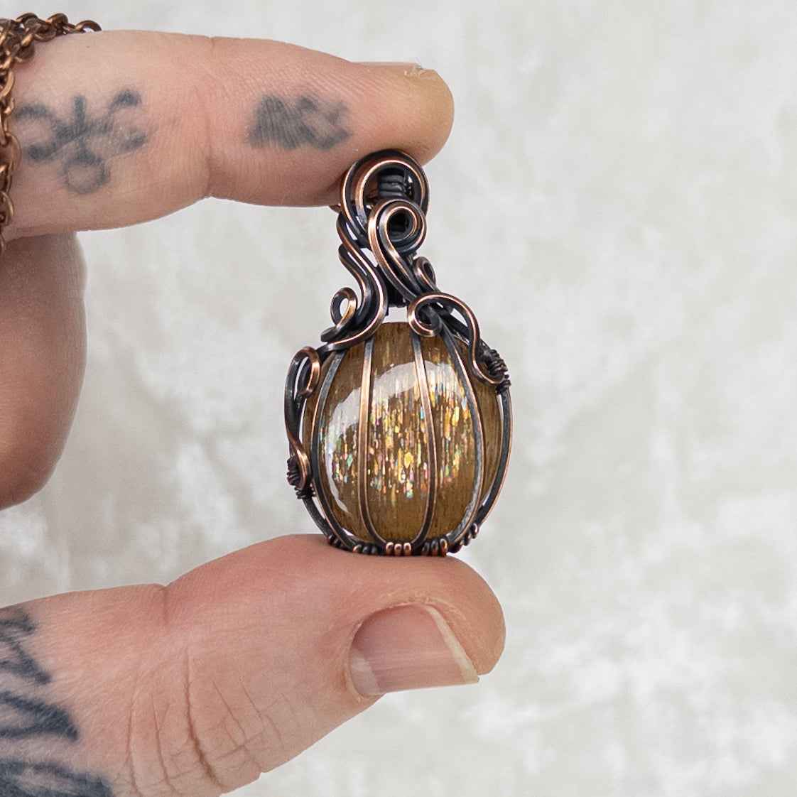 Meteor Shower Sunstone Antiqued Copper Pumpkin Pendant