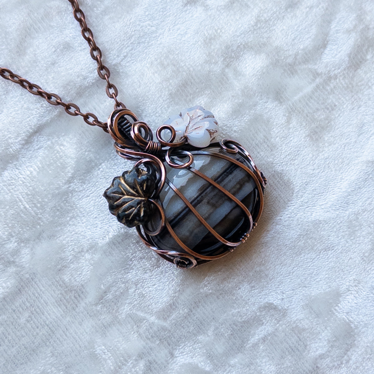 Black & White Banded Agate Pumpkin Pendant With Czech Glass Leaves - Antiqued Copper