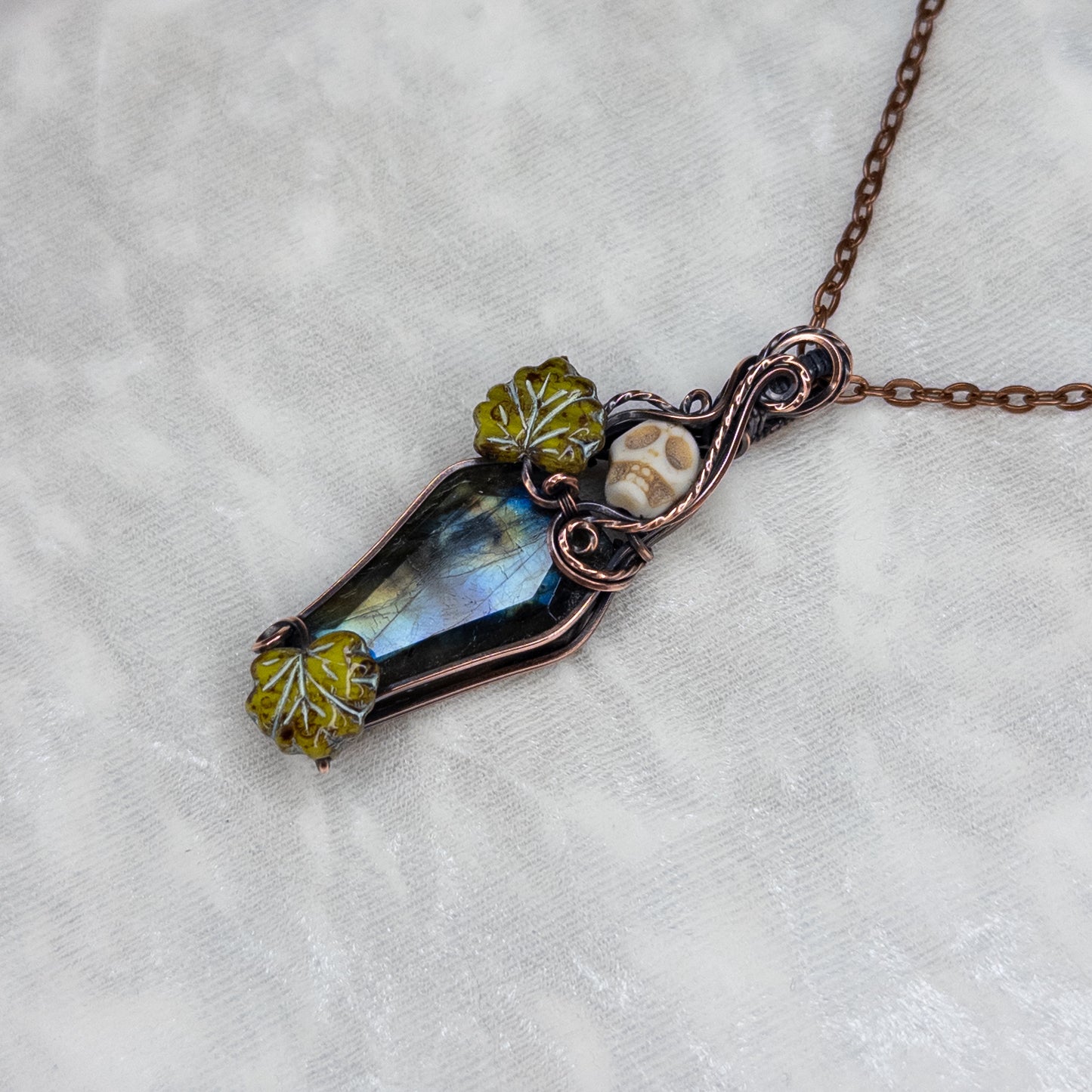 Labradorite Coffin Antiqued Copper Pendant With Stone Skull & Czech Glass Leaves