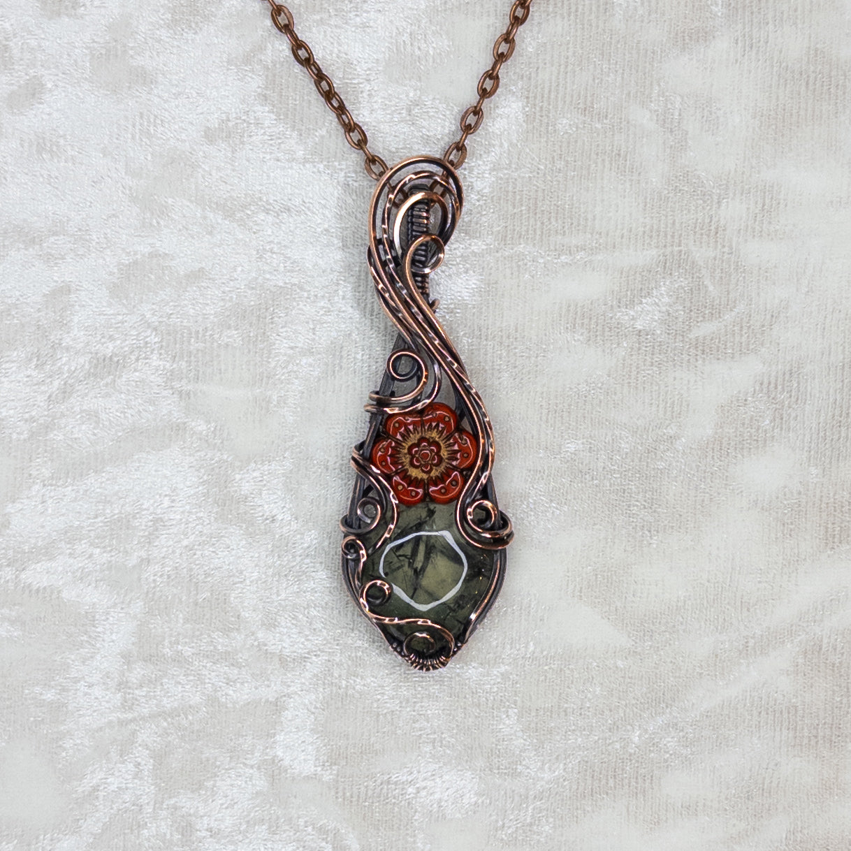 Prehnite & Czech Glass Flower Antiqued Copper Pendant