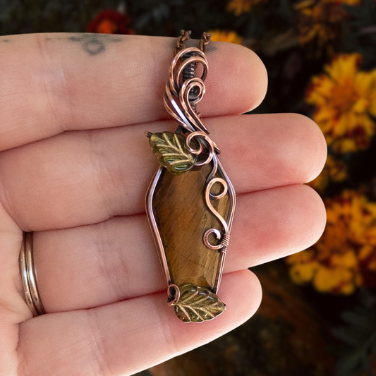 Tiger’s Eye Coffin & Leaves Antiqued Copper Pendant