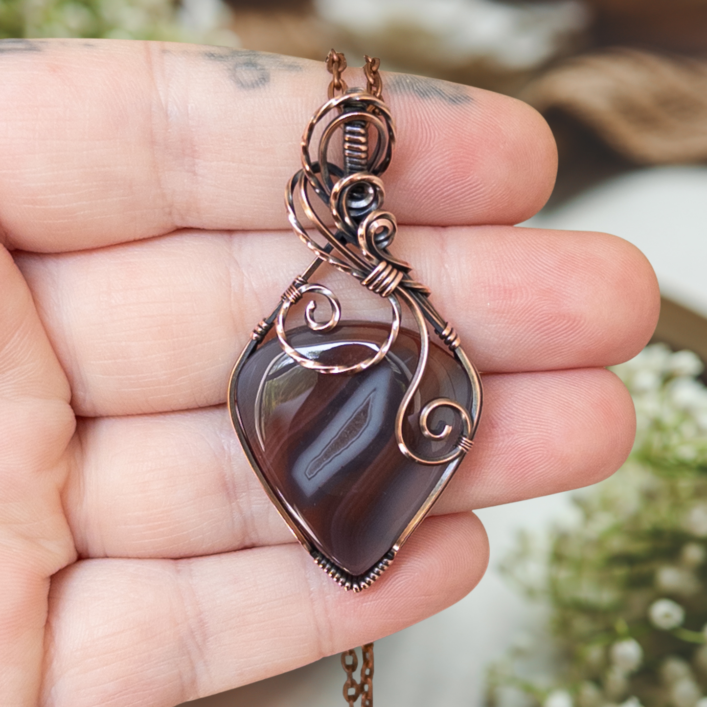 Maroon Botswana Agate Antiqued Copper Pendant