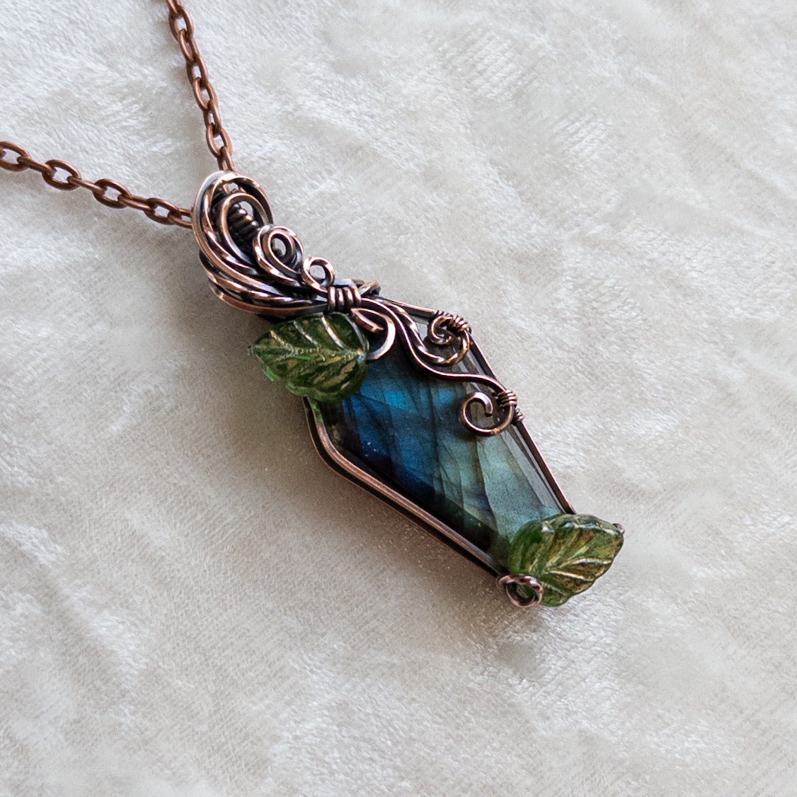 Labradorite Coffin & Leaves Antiqued Copper Pendant