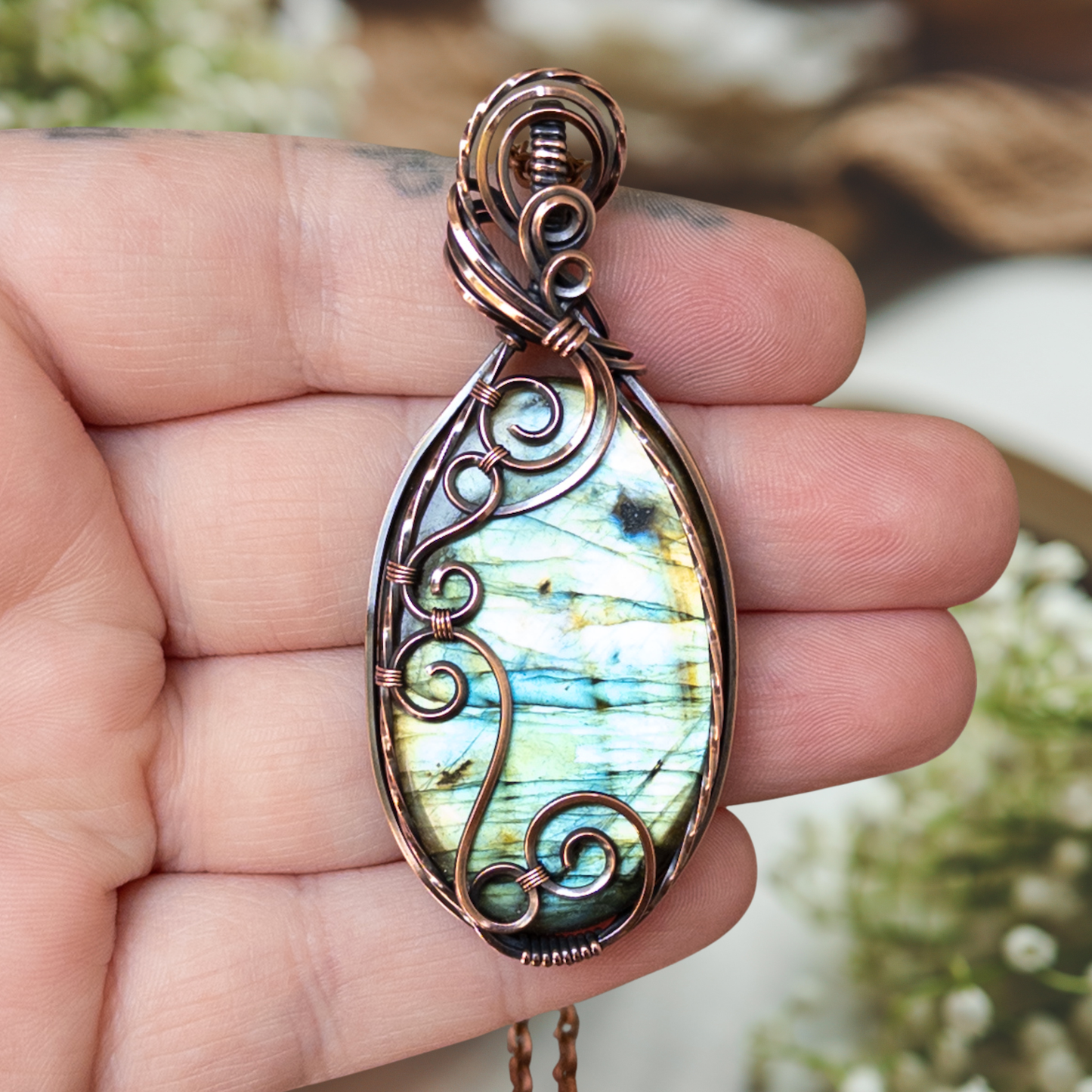 Swirly Labradorite Antiqued Copper Pendant