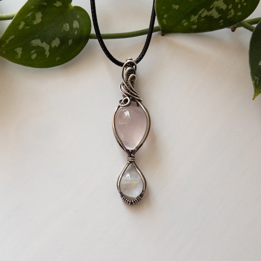 Rose Quartz with Moonstone & Sterling Silver Wrapped Pendant