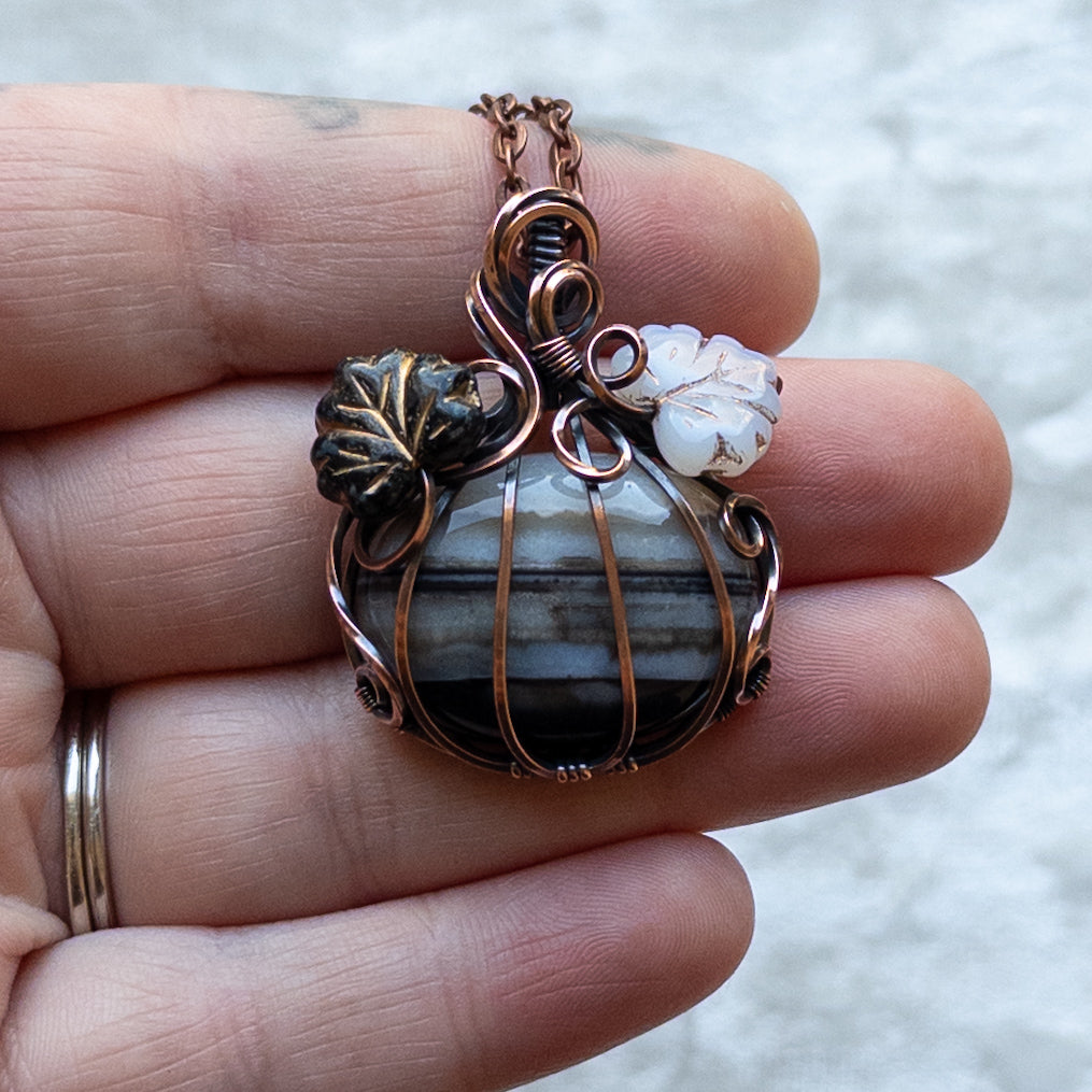 Black & White Banded Agate Pumpkin Pendant With Czech Glass Leaves - Antiqued Copper