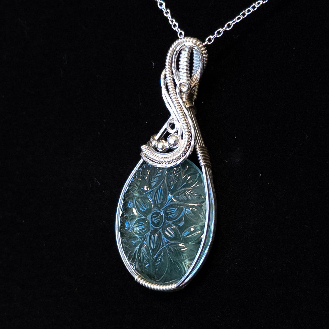 Floral Motif Carved Green Fluorite .925 Sterling Silver Pendant