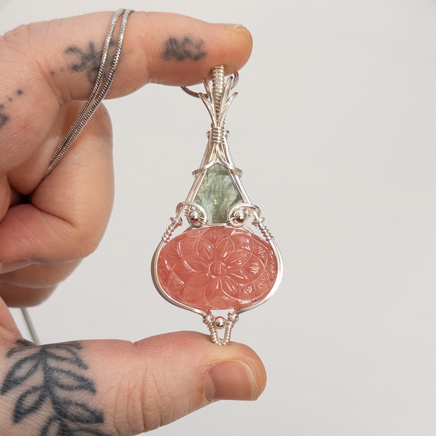 Floral Carved Rhodochrosite & Rose Cut Green Kyanite Sterling Silver Wrapped Pendant