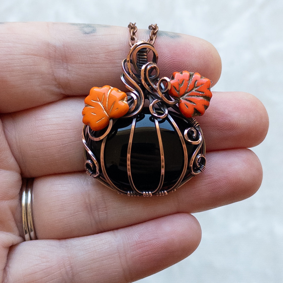 Black Onyx Antiqued Copper Pumpkin Pendant With Orange Leaves