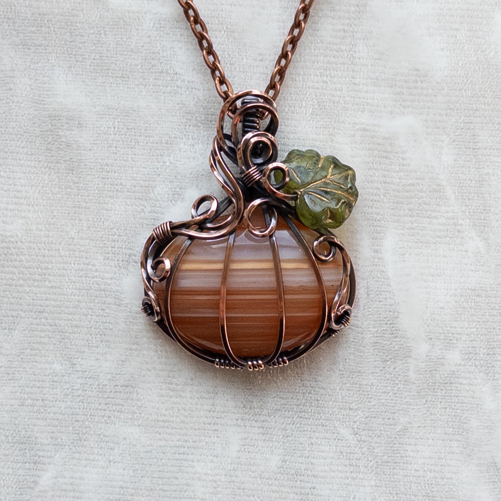 “Candy Corn” Agate Antiqued Copper Pumpkin Pendant With Czech Glass Leaf