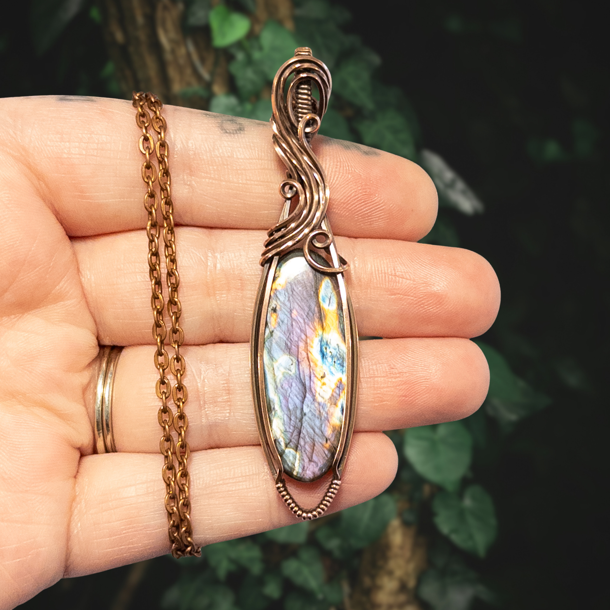 Purple Rainbow Labradorite Antiqued Copper Pendant