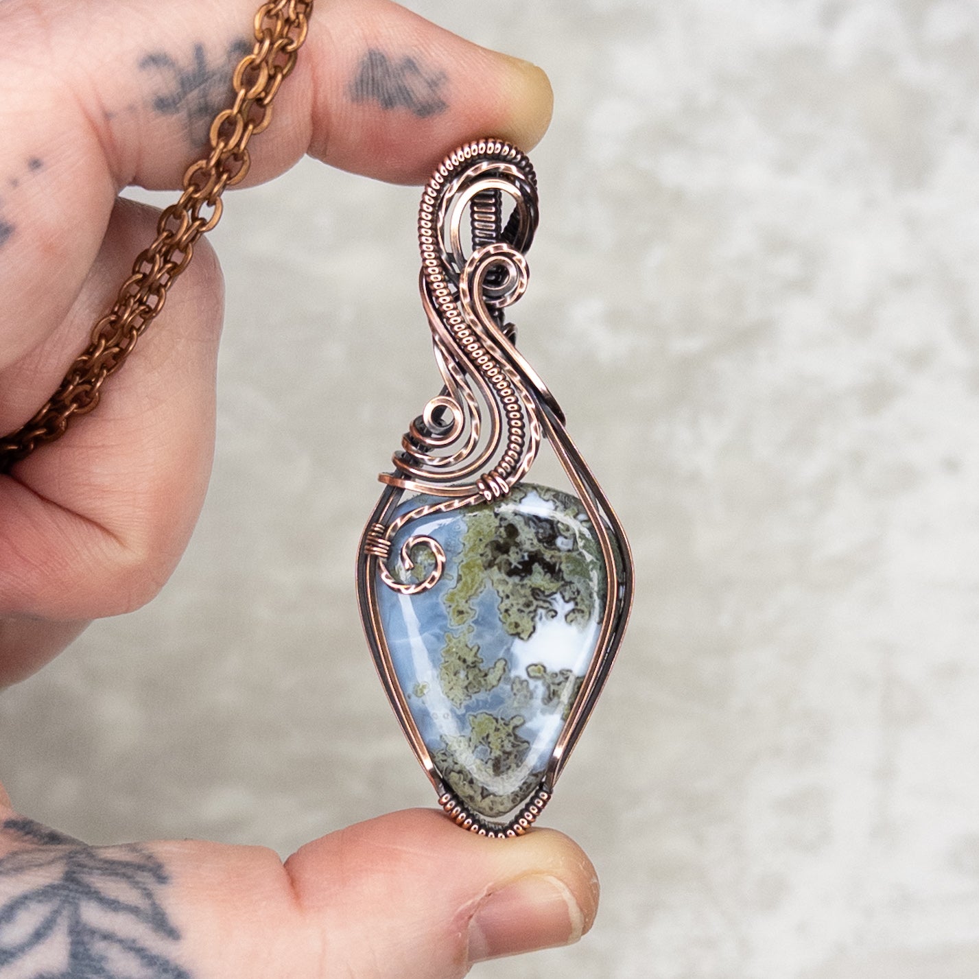 Mossy Blue Opal Antiqued Copper Pendant