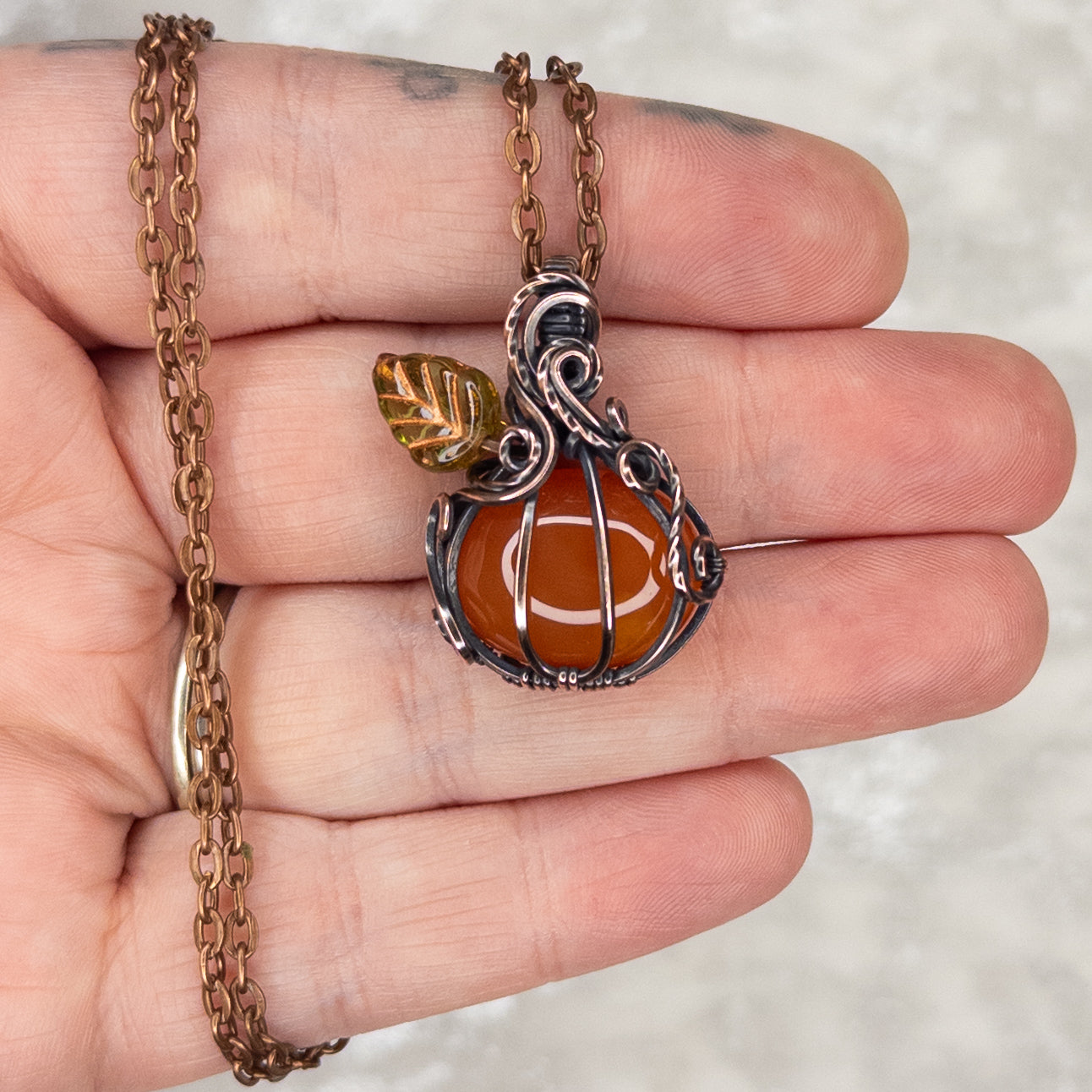 Orange Carnelian Antiqued Copper Pumpkin Pendant With Czech Glass Leaf