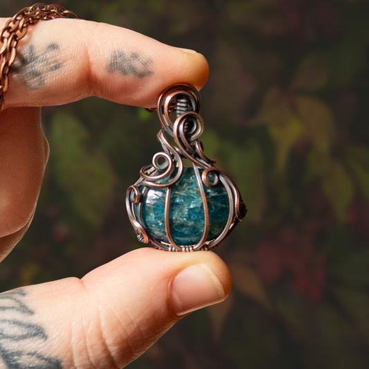 Teal Blue Apatite Antiqued Copper Pumpkin Pendant