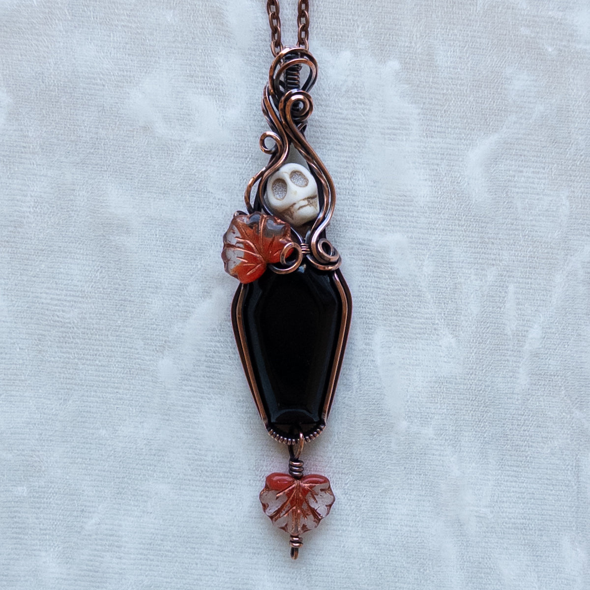 Obsidian Coffin & Skull Antiqued Copper Pendant With Czech Glass Leaves