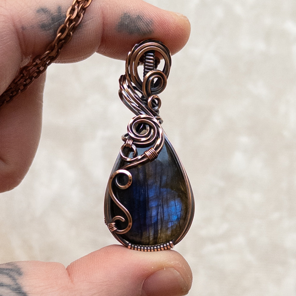 Dark Blue Labradorite Antiqued Copper Pendant