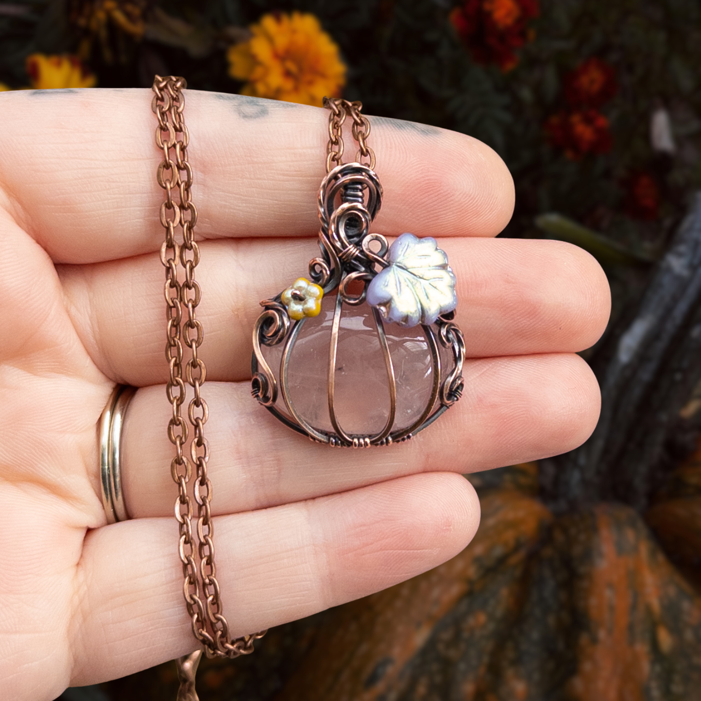 “Fairy Pumpkin” Rose Quartz Antiqued Copper Pumpkin Pendant With Iridescent Czech Glass Leaf & Blossom