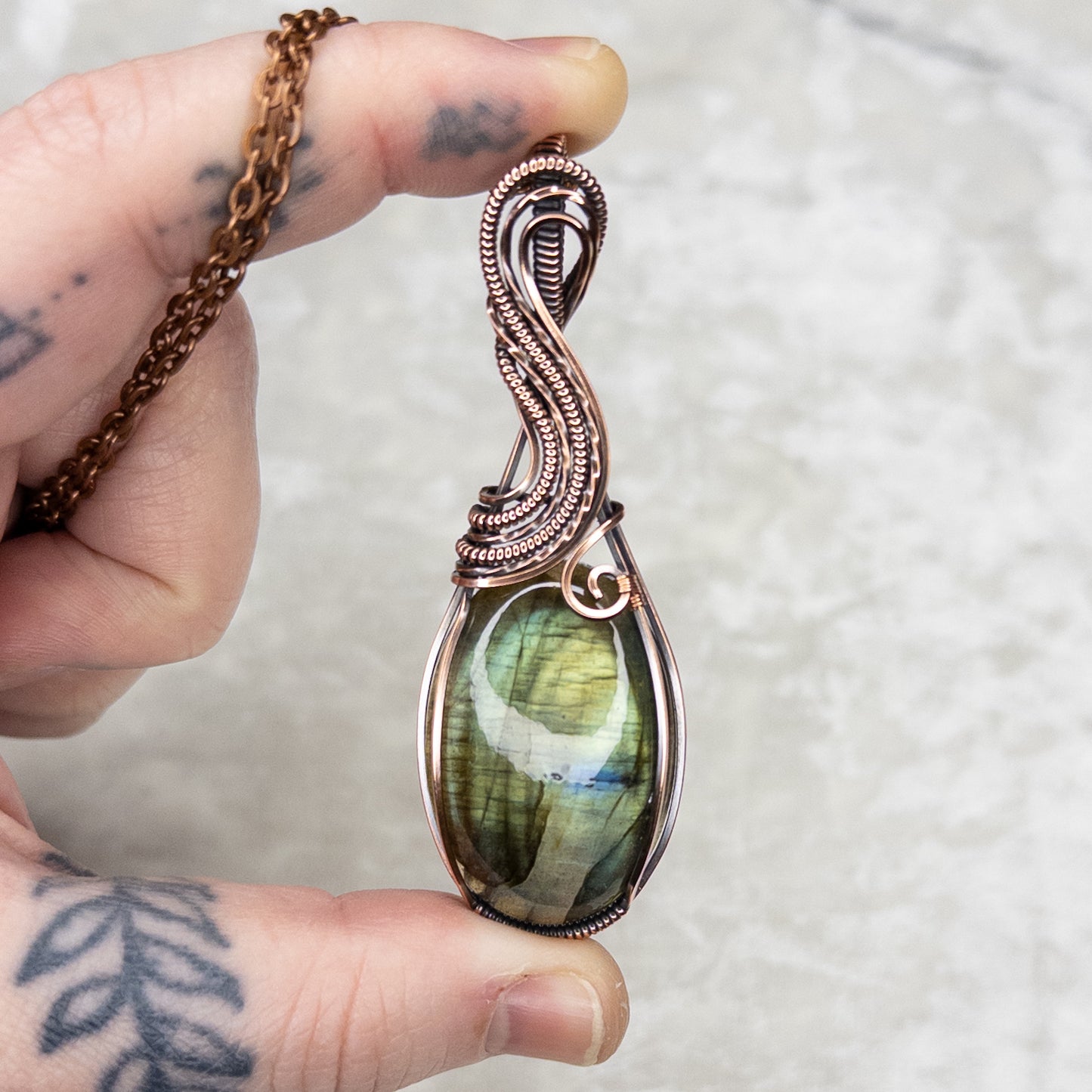 Green With A Splash Of Blue Labradorite Antiqued Copper Pendant