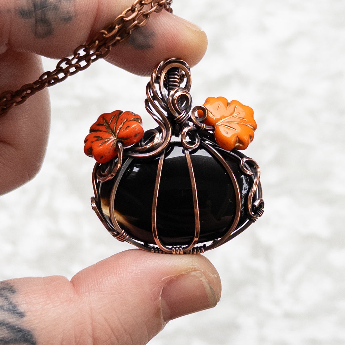 Black Onyx Pumpkin Antiqued Copper Pendant With Czech Glass Leaves