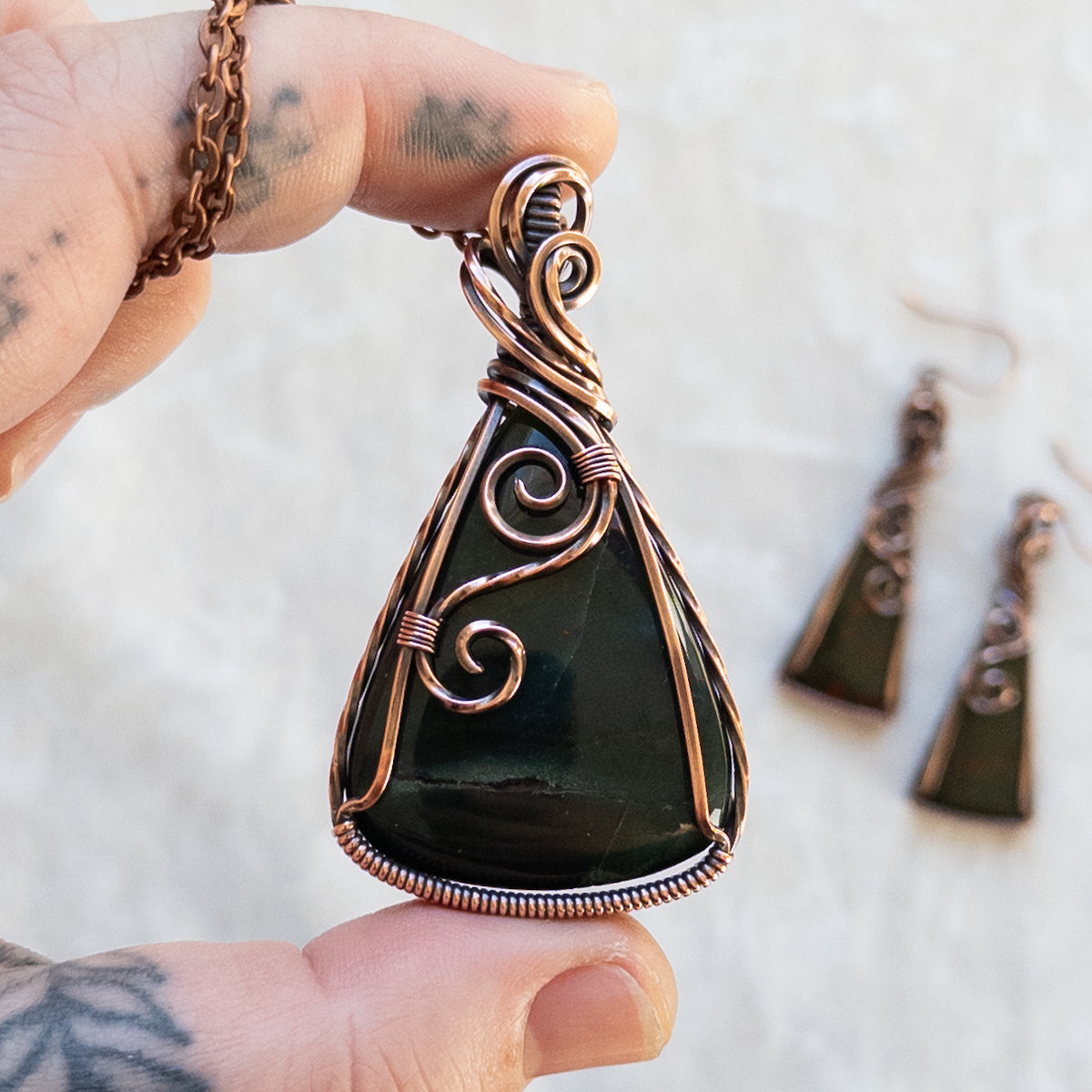 Bloodstone Jasper Antiqued Copper Pendant & Earring Set