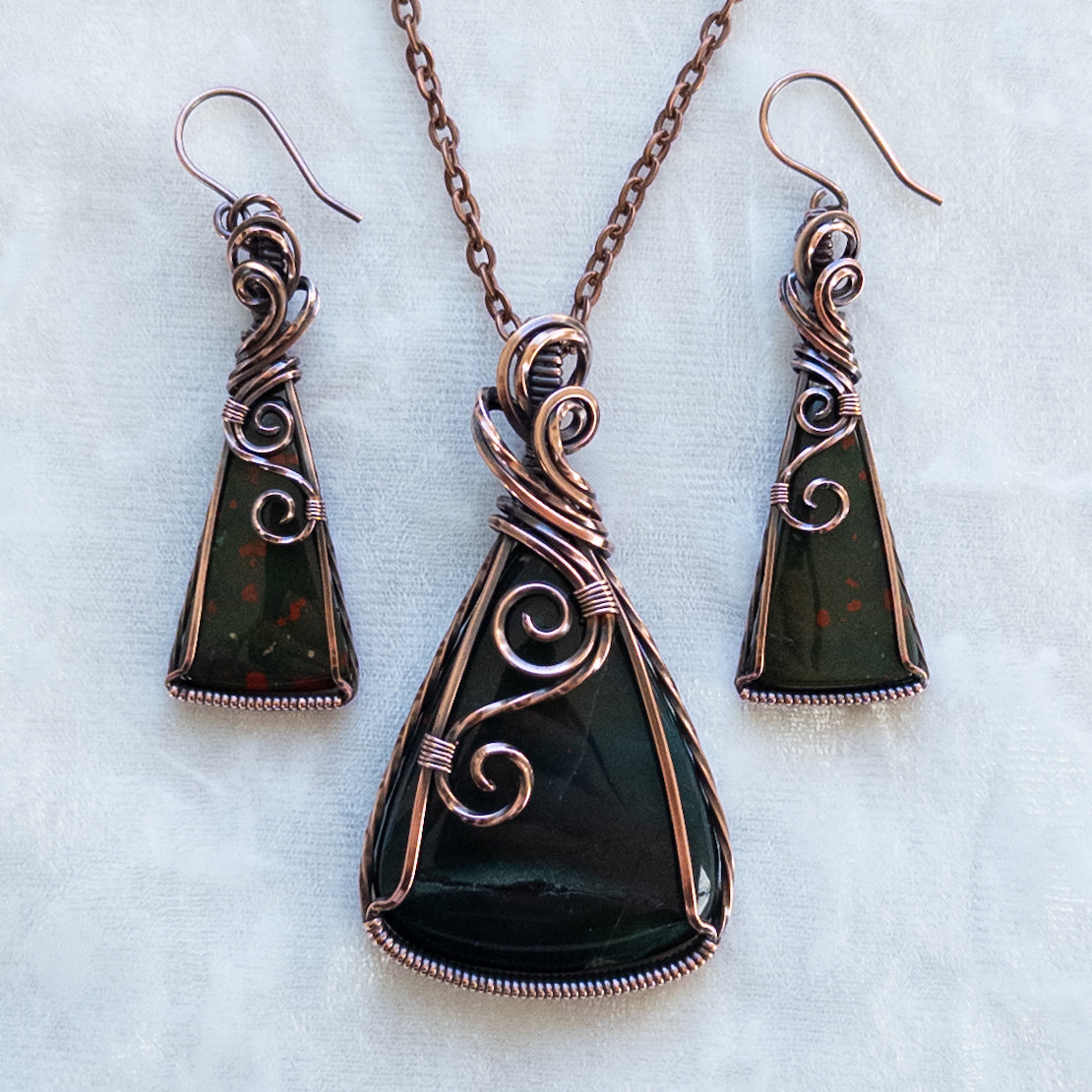 Bloodstone Jasper Antiqued Copper Pendant & Earring Set