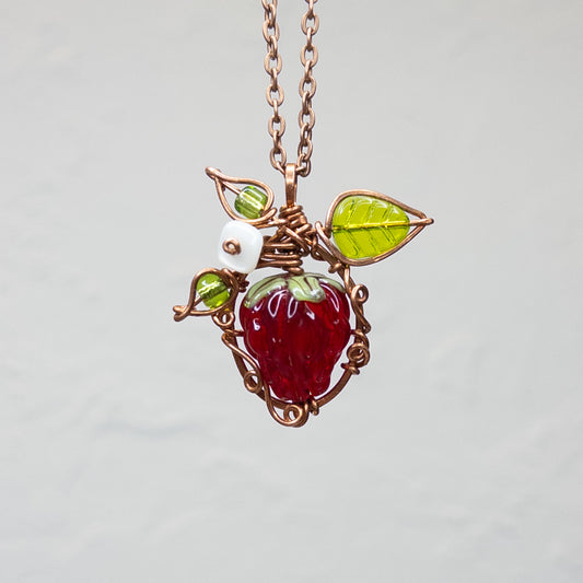 Whimsical Glass Raspberry Copper Wrapped Pendant with Shell Flower - E