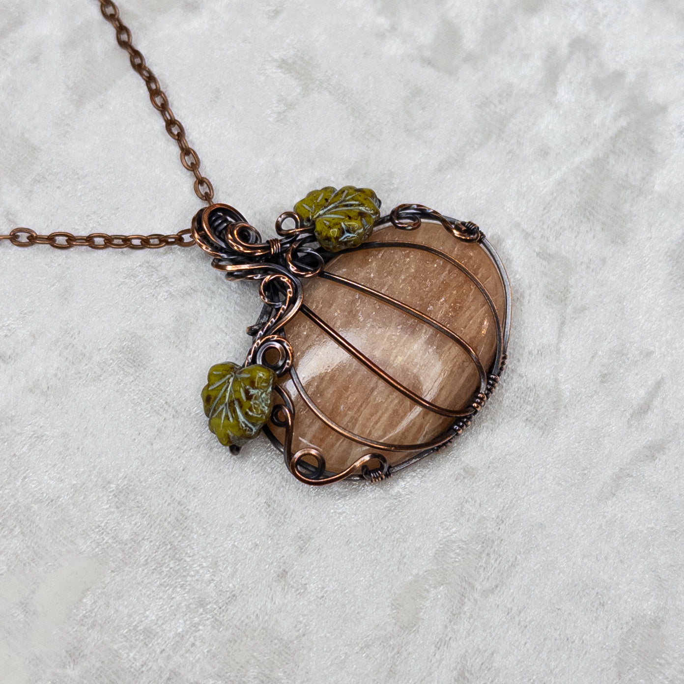Peach Moonstone Antiqued Copper Pumpkin Pendant With Czech Glass Leaves