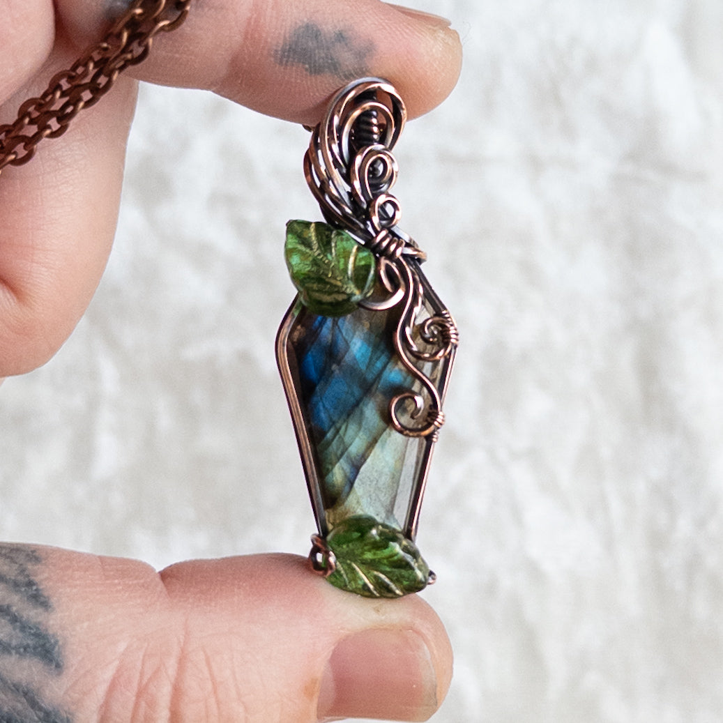 Labradorite Coffin & Leaves Antiqued Copper Pendant