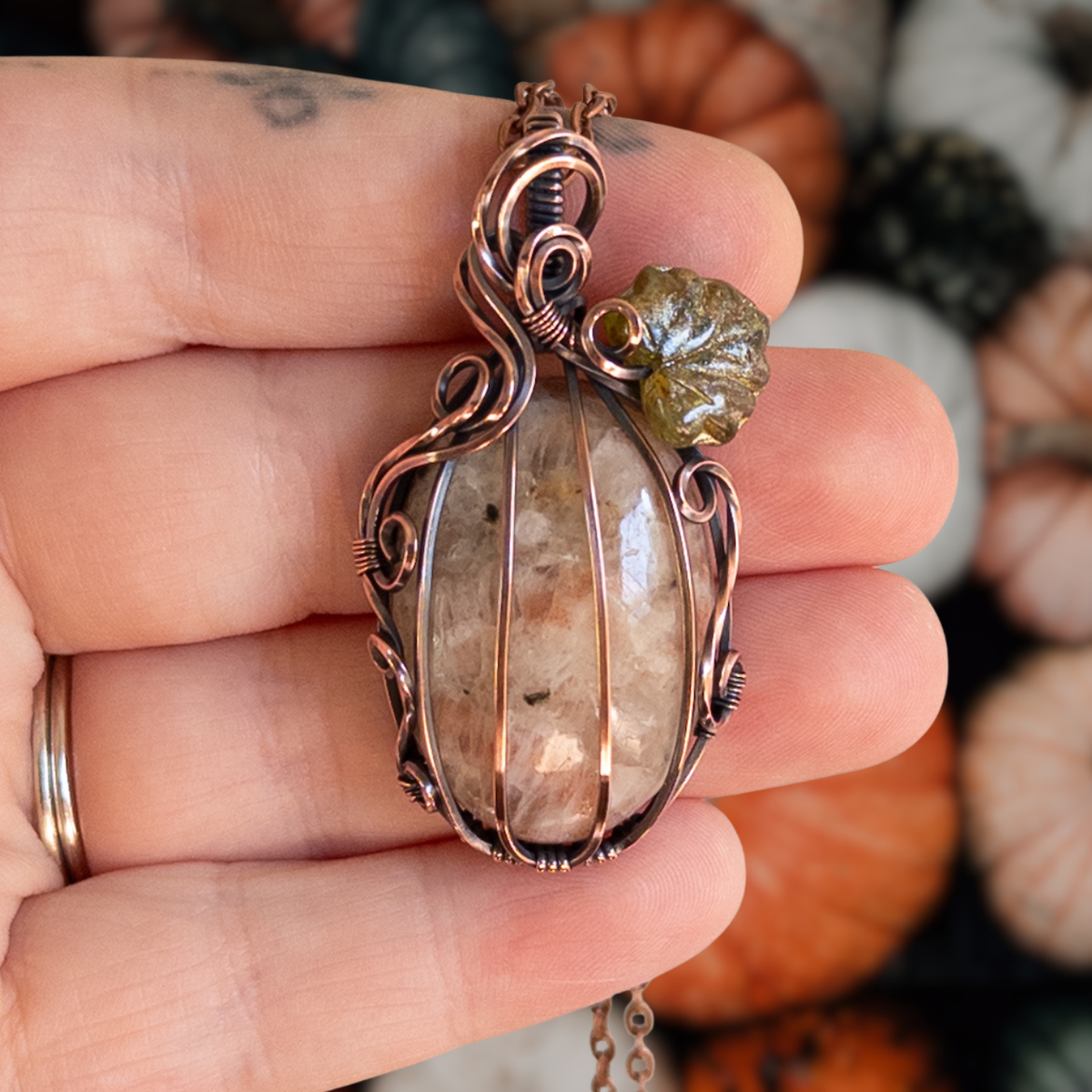 Sunstone Antiqued Copper Pumpkin Pendant With Czech Glass Leaf
