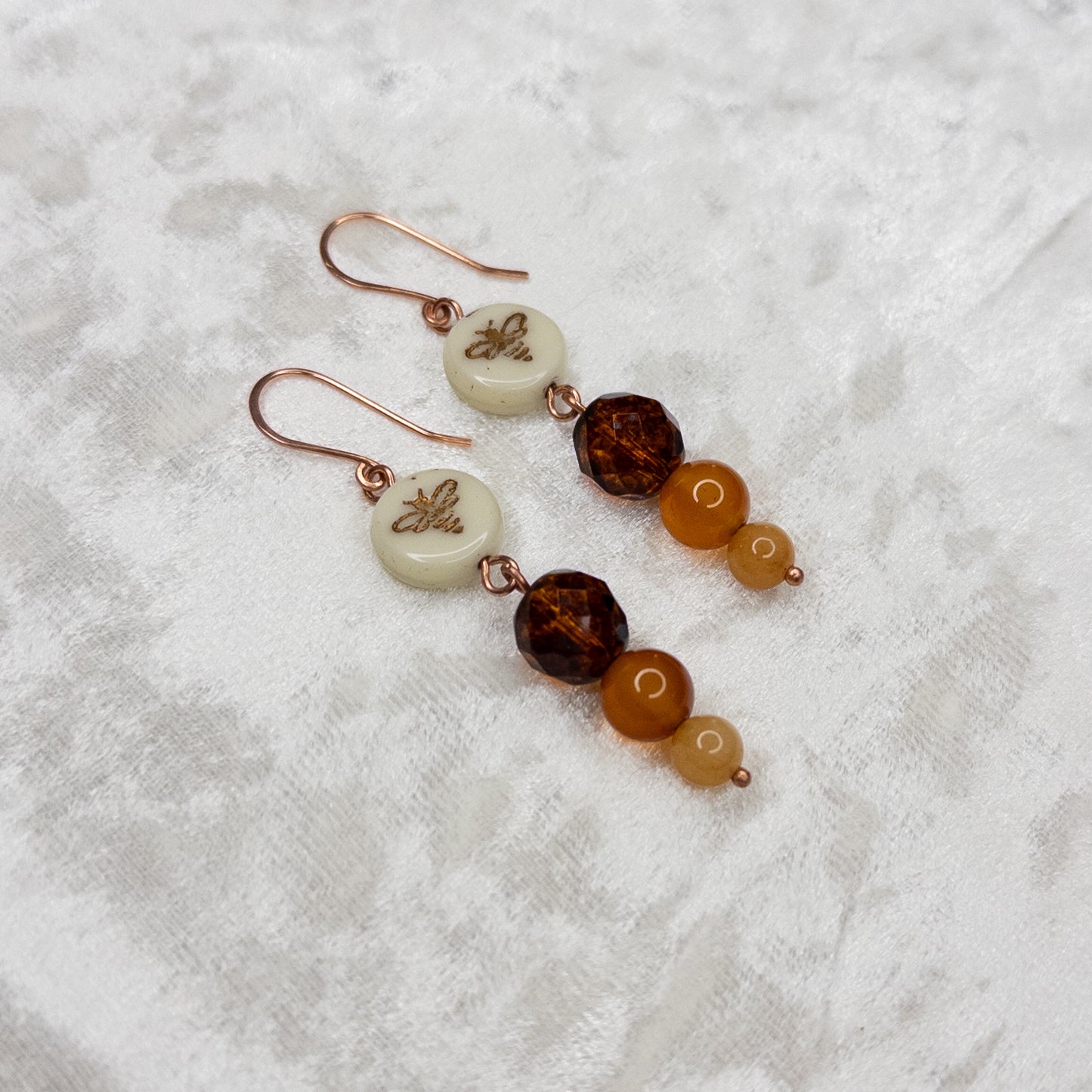 Honey Bee Earrings - Czech glass, carnelian, & orange aventurine beads