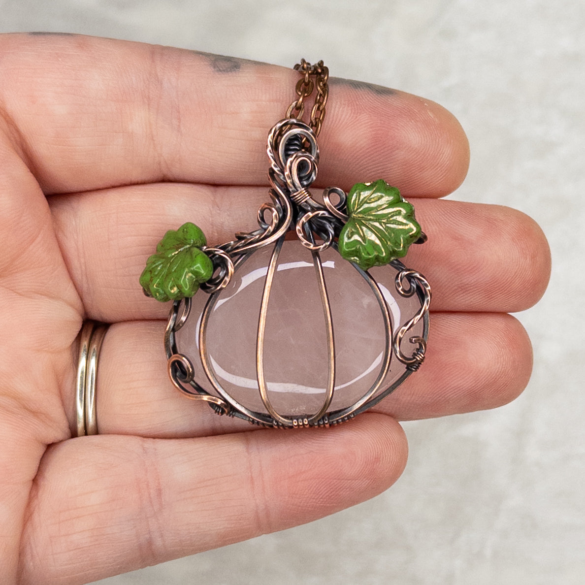 Large Rose Quartz Antiqued Copper Pumpkin Pendant With Czech Glass Leaves