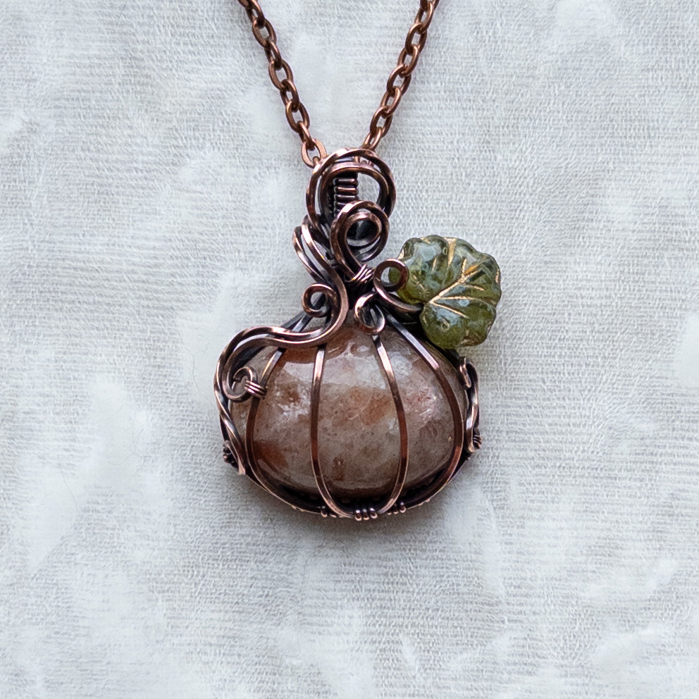 Sunstone Antiqued Copper Pumpkin Pendant With Czech Glass Leaf