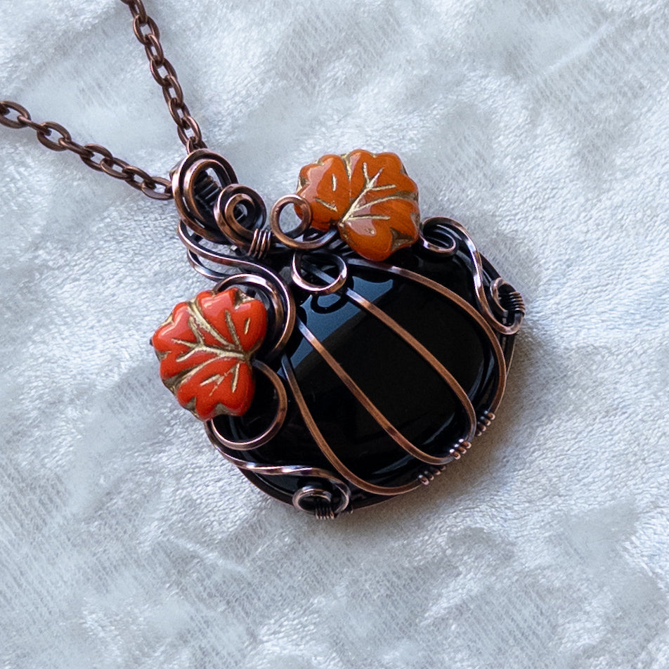 Black Onyx Pumpkin Pendant With Orange Czech Glass Leaves - Antiqued Copper