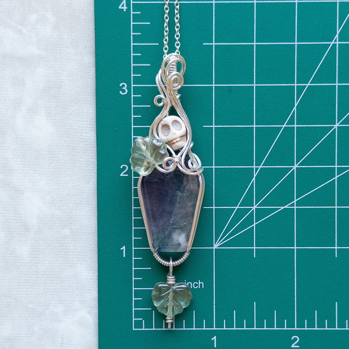 Pastel Amethyst Coffin & Skull Sterling Silver Pendant With Dangling Czech Glass Leaf