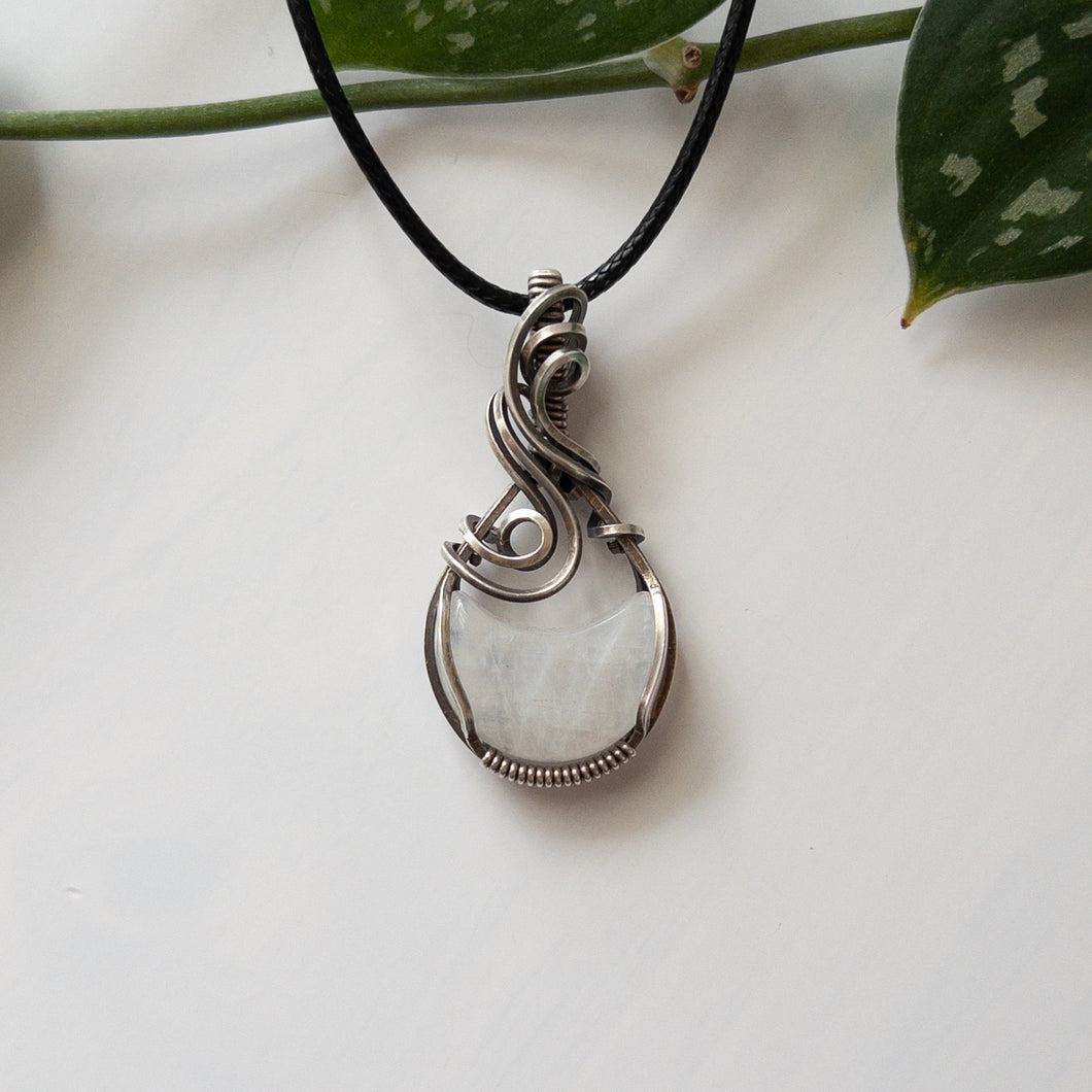 Moonstone Moon & Sterling Silver Wrapped Pendant - A