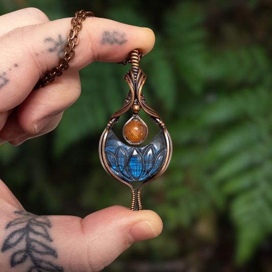 Euphoria - Lotus Carved Labradorite Crescent Moon & Sunstone Copper Pendant