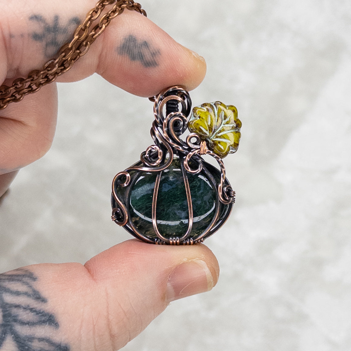 Moss Agate Antiqued Copper Pumpkin Pendant With Czech Glass Leaf