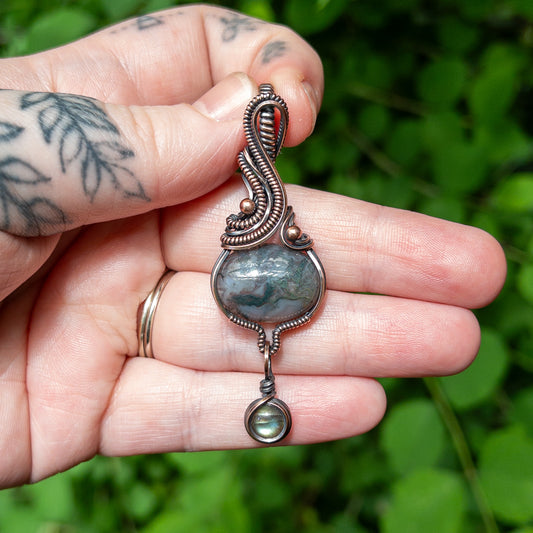 Moss Agate With Labradorite Charm Copper Wrapped Pendant