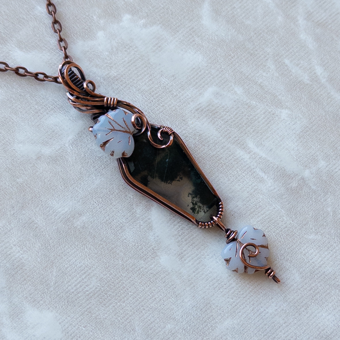 Moss Agate Coffin With Czech Glass Leaves Antiqued Copper Pendant