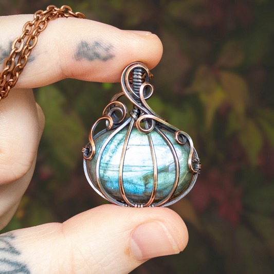 Labradorite Antiqued Copper Pumpkin Pendant